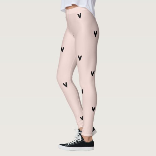 Modern Pastel Pink And Black Hearts Pattern Leggings