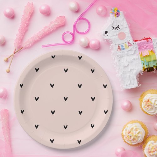 Modern Pastel Pink And Black Hearts Pattern Paper Plates
