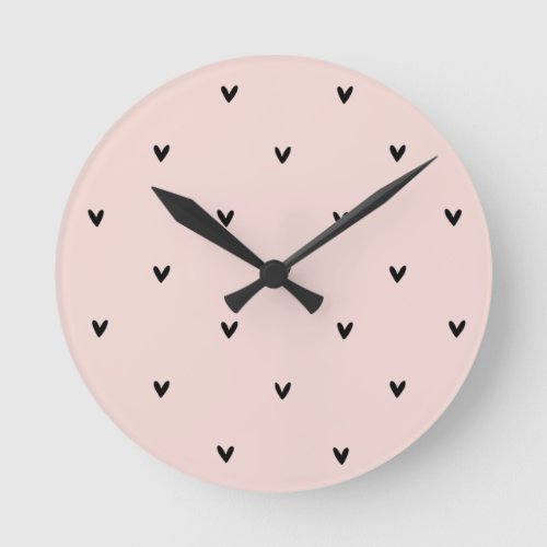 Modern Pastel Pink And Black Hearts Pattern Round Clock