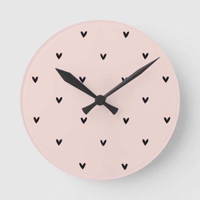 Modern Pastel Pink And Black Hearts Pattern Round Clock (Front)