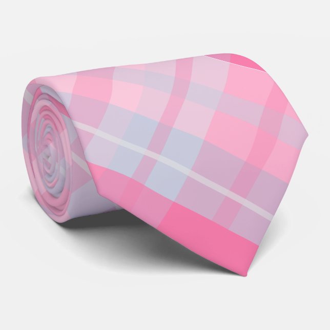 Modern Pastel Pink and Gray Plaid Tartan Pattern Neck Tie (Rolled)