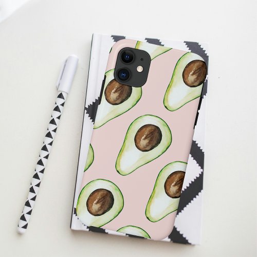 Modern Pastel Pink And Green Avocado Pattern iPhone 11 Case