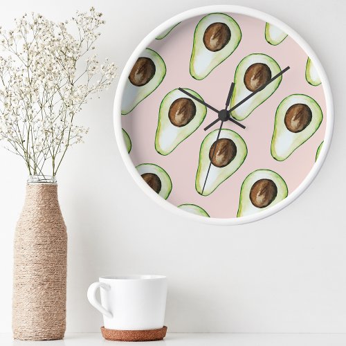 Modern Pastel Pink And Green Avocado Pattern Round Clock