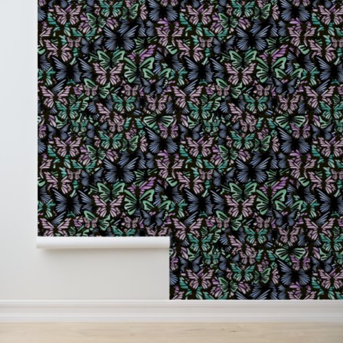 Modern pastel pink and green black butterfly wallpaper 