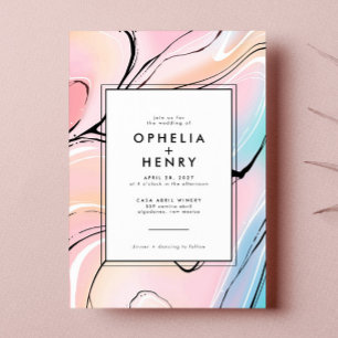 Modern Pastel Pink Aqua Marble Wedding Invitation
