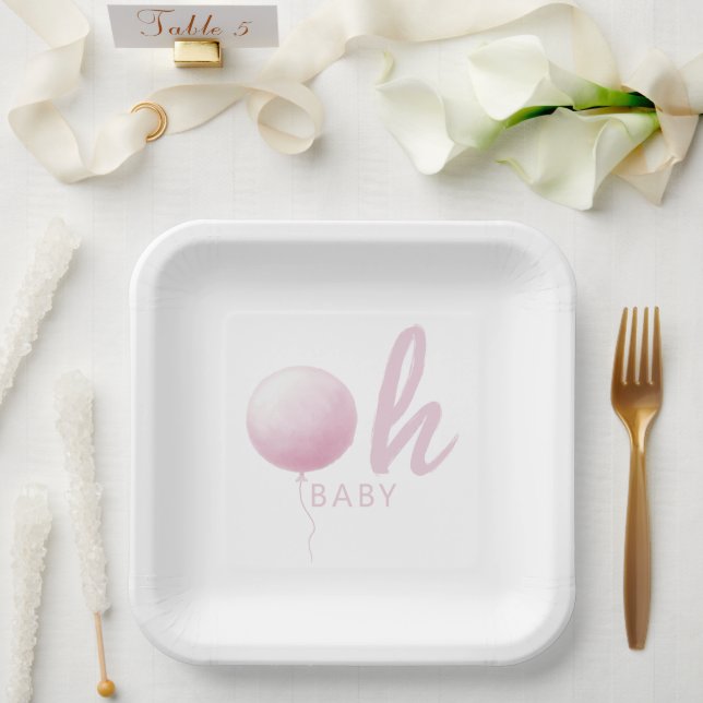 Modern Pastel Pink Balloon Baby Girl Shower Party Paper Plates (Wedding)