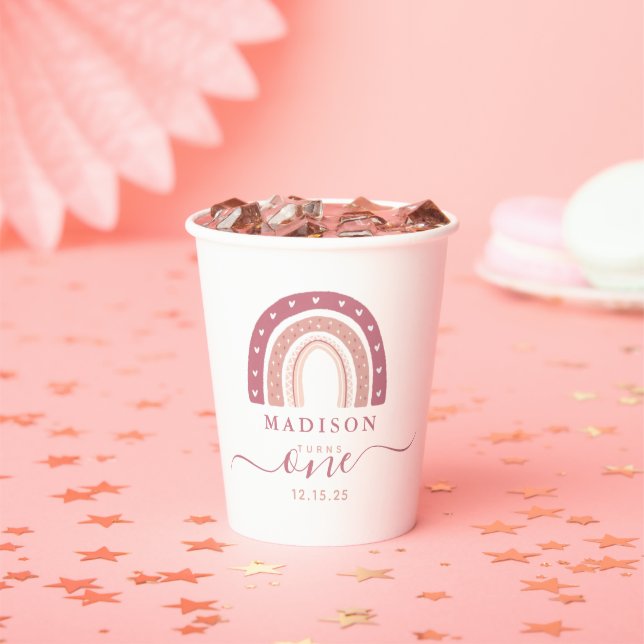 Modern Pastel Pink Boho Rainbow First Birthday Paper Cups (Insitu)