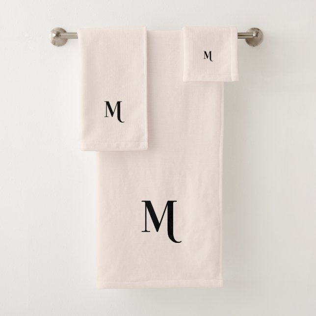 Modern Pastel Pink Elegant Black Monogram Initial Bath Towel Set (Insitu)