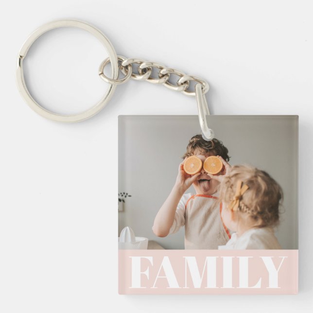Modern Pastel Pink Family Photo Gift Keychain (Front)