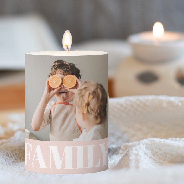 Modern Pastel Pink Family Photo Gift Pillar Candle (Creator Uploaded)