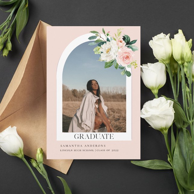 Modern Pastel Pink Floral Arch Graduation Photo  Invitation (Creator Uploaded)