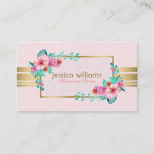 Modern, Pastel Pink, Flowers & Gold Accent Business Card