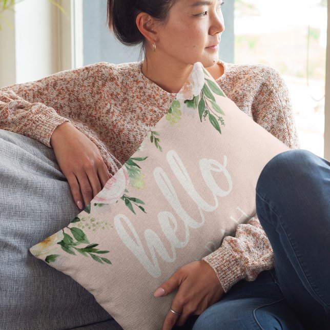 Modern Pastel Pink Flowers Hello And You Name Accent Pillow (Creator Uploaded)