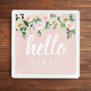 Modern Pastel Pink Flowers Hello And You Name Acrylic Tray
