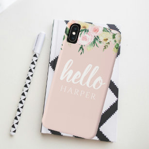Modern Pastel Pink Flowers Hello And You Name iPhone XS Max Case