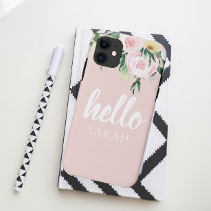 Modern Pastel Pink Flowers Hello And You Name iPhone 11 Case