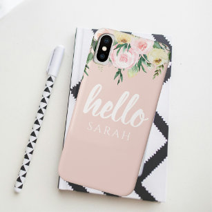 Modern Pastel Pink Flowers Hello And You Name iPhone XS Case