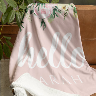 Modern Pastel Pink Flowers Hello And You Name Fleece Blanket
