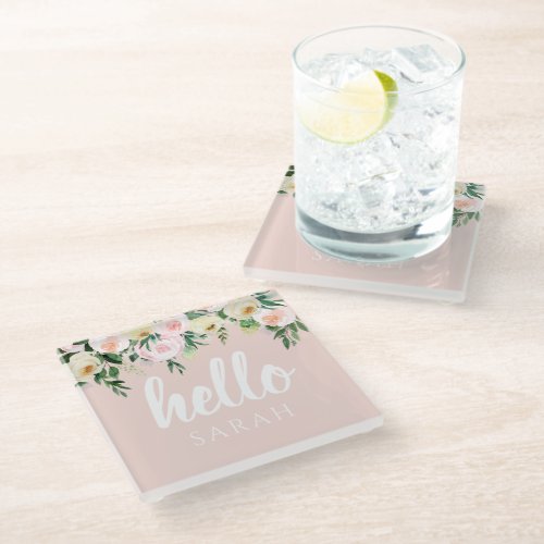 Modern Pastel Pink Flowers Hello And You Name Glass Coaster