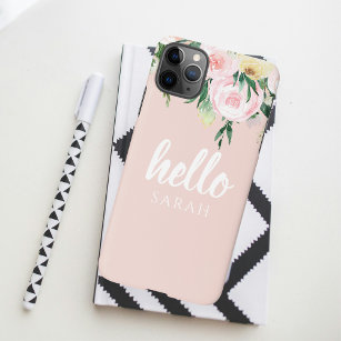 Modern Pastel Pink Flowers Hello And You Name iPhone 14 Case