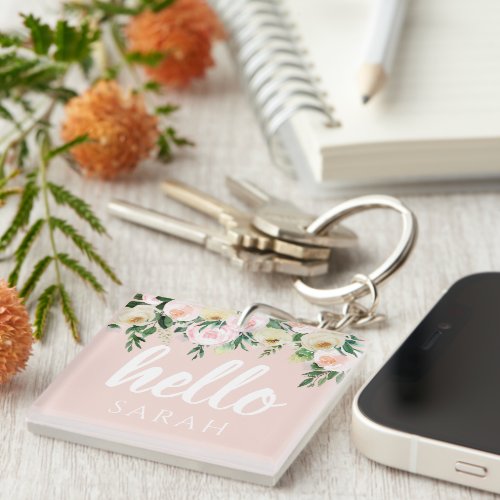 Modern Pastel Pink Flowers Hello And You Name Keychain