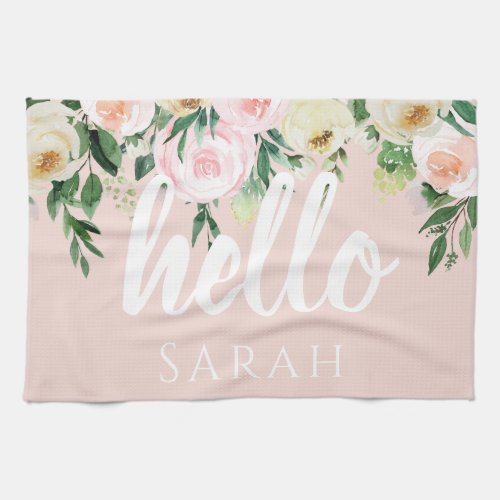 Modern Pastel Pink Flowers Hello And You Name Kitchen Towel