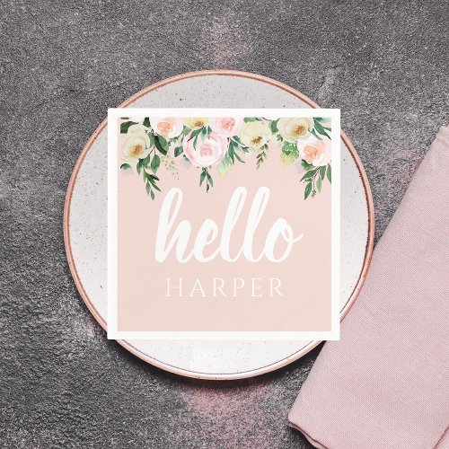 Modern Pastel Pink Flowers Hello And You Name Napkins