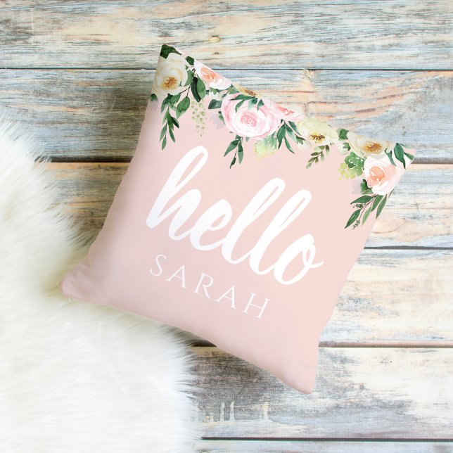 Modern Pastel Pink Flowers Hello And You Name Outdoor Pillow (Creator Uploaded)