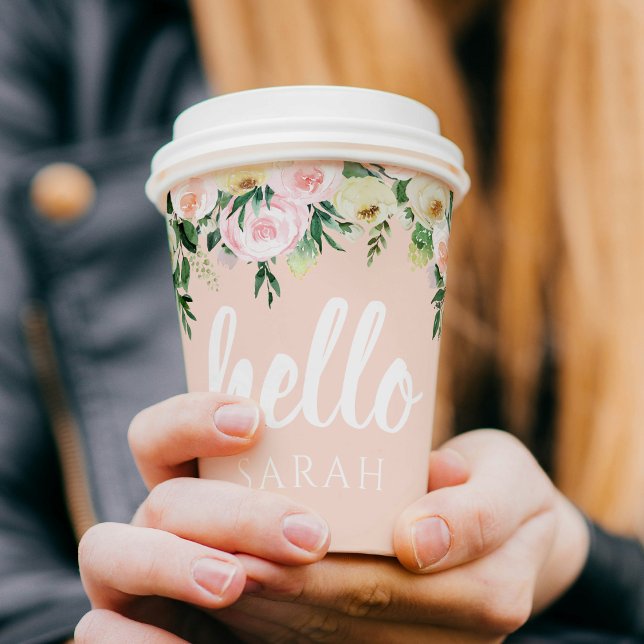 Modern Pastel Pink Flowers Hello And You Name Paper Cups (Creator Uploaded)