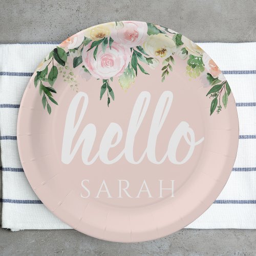 Modern Pastel Pink Flowers Hello And You Name Paper Plates