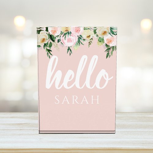 Modern Pastel Pink Flowers Hello And You Name Photo Block