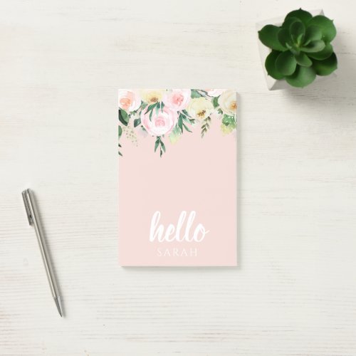 Modern Pastel Pink Flowers Hello And You Name Post_it Notes