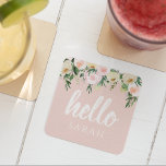 Modern Pastel Pink Flowers Hello And You Name Square Paper Coaster<br><div class="desc">Modern Pastel Pink Flowers Hello And You Name</div>