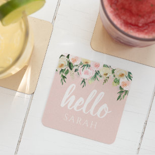 Modern Pastel Pink Flowers Hello And You Name Square Paper Coaster