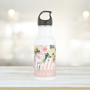 Modern Pastel Pink Flowers Hello And You Name Stainless Steel Water Bottle