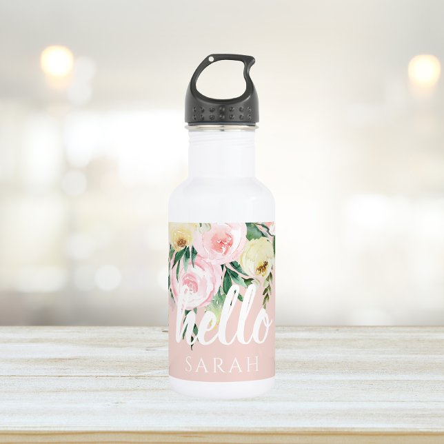 Modern Pastel Pink Flowers Hello And You Name Stainless Steel Water Bottle (Creator Uploaded)