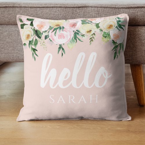 Modern Pastel Pink Flowers Hello And You Name Throw Pillow