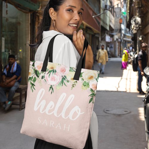 Modern Pastel Pink Flowers Hello And You Name Tote Bag