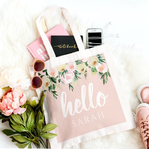 Modern Pastel Pink Flowers Hello And You Name Tote Bag