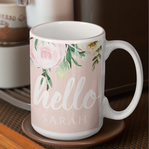 Modern Pastel Pink Flowers Hello And You Name Two_Tone Coffee Mug