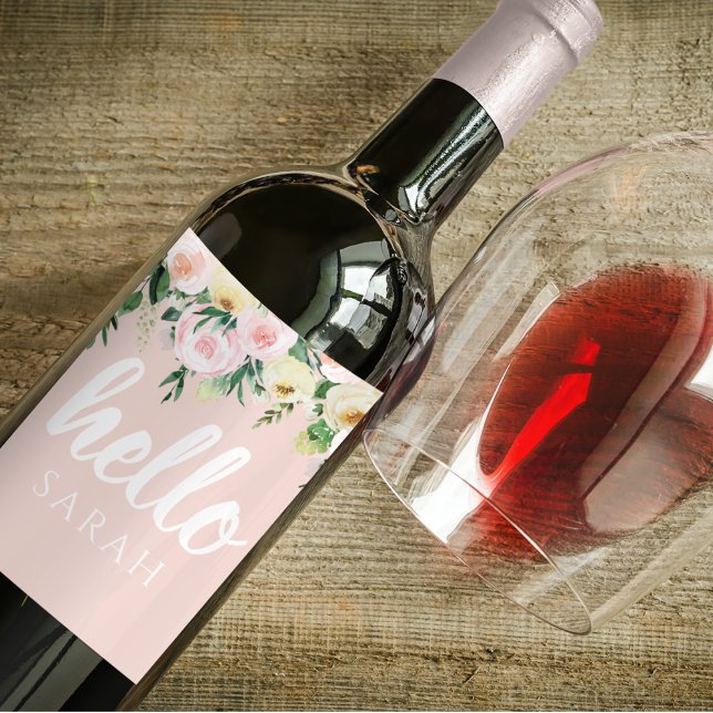 Modern Pastel Pink Flowers Hello And You Name Wine Label (Creator Uploaded)