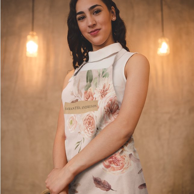 Modern Pastel Pink Flowers & Kraft Personalized  Apron (Creator Uploaded)
