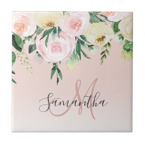 Modern Pastel Pink  Flowers With Name Ceramic Tile