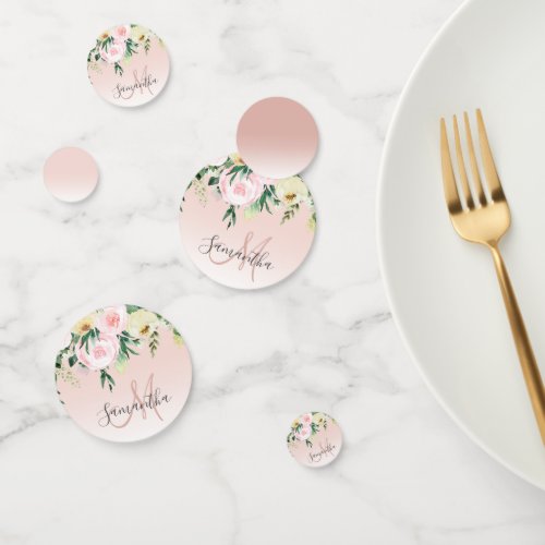 Modern Pastel Pink  Flowers With Name Confetti