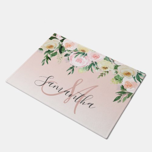 Modern Pastel Pink  Flowers With Name Doormat