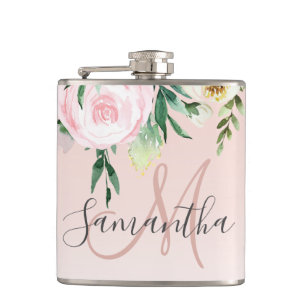Modern Pastel Pink & Flowers With Name Flask
