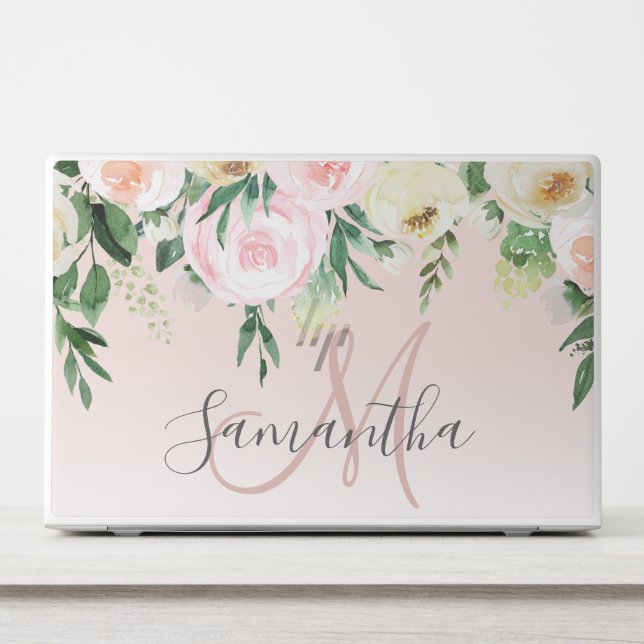 Modern Pastel Pink & Flowers With Name HP Laptop Skin (Front)