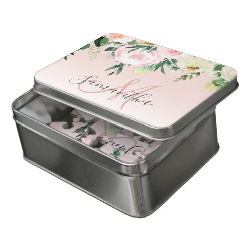 Modern Pastel Pink  Flowers With Name Jigsaw Puzzle