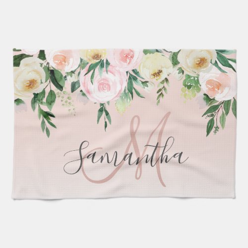 Modern Pastel Pink  Flowers With Name Kitchen Towel