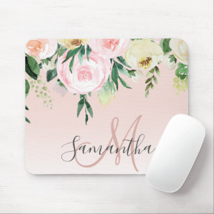 Modern Pastel Pink & Flowers With Name Mouse Pad